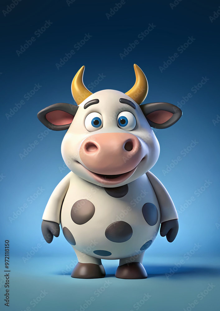 Obraz premium Happy Cute Cow Cartoon cheerful Character smiling 3d render on Light blue background studio shot