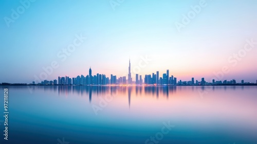 A wide angle shot of a city skyline stretching along the coast, with the water reflecting the city's lights and creating a sense of depth.