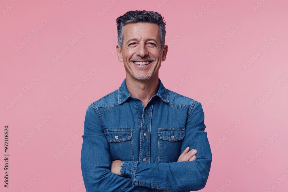 Confident middle aged man in denim shirt smiling happily. Confident middle aged man in denim shirt smiling happily.