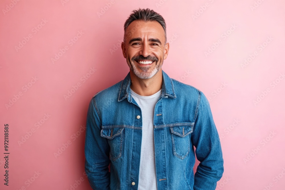 Confident middle aged man in denim shirt smiling happily. Confident middle aged man in denim shirt smiling happily.