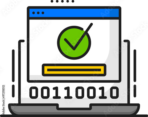 Laptop system software update successful loading line icon. PC application develop technology, software service update download outline vector sign with binary code on laptop screen and green mark