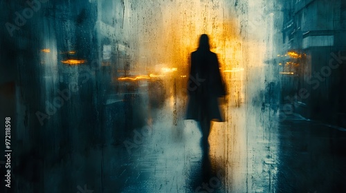 city alleyway, urban secrets, exploration, mystery, hidden spots, close up, focus on, copy space, dark tones, sharp contrasts, Double exposure silhouette with a person walking