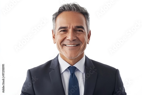 Mature Hispanic businessman smiling isolated over white background