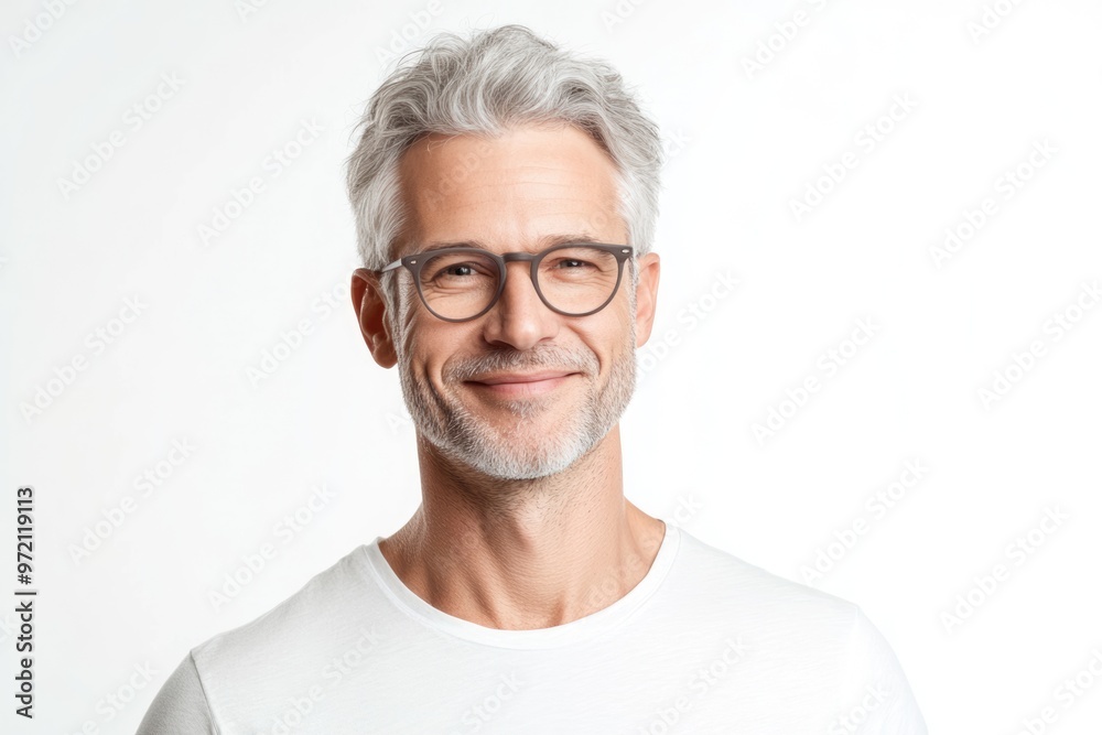 Handsome middle aged man with grey hair smiling happily.