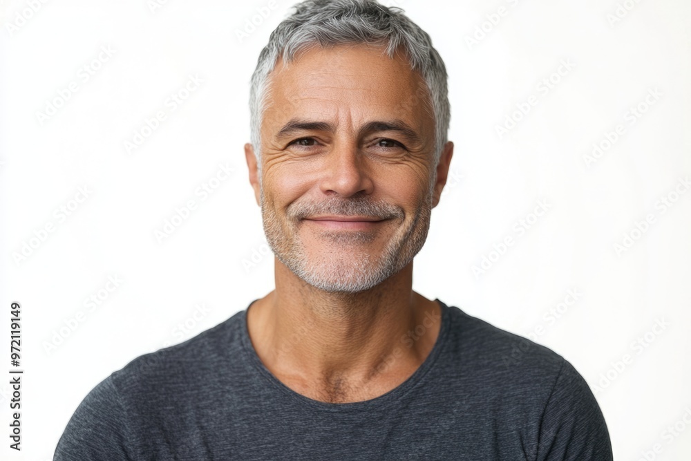 Fototapeta premium Handsome middle aged man with grey hair smiling happily.