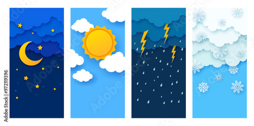 Weather paper cut with vector rain, clouds, sun, snow and lightnings on day and night sky background. Art craft origami banners of weather forecast app with 3d layered paper cut clouds, moon and stars