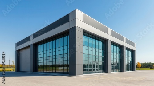 Wide-angle view of a steel and glass factory building, surrounded by spacious parking areas and open fields