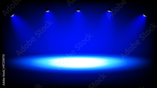 blue lights illuminated with a spotlight for the show product at the stage 