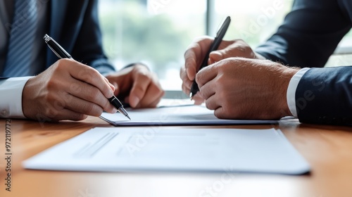 Two professionals signing a contract at a desk. Close-up of hands with pens and documents in an office environment.