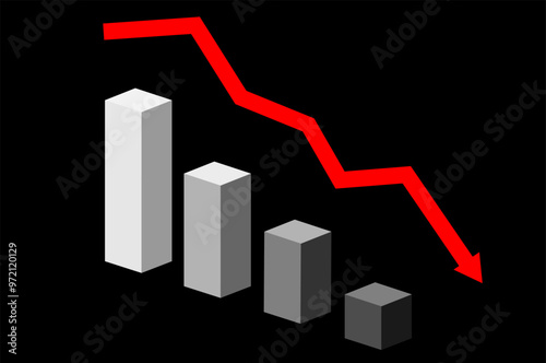 Isometric diagram chart bars vector illustration with red arrow graph going down when trading loss and economic recession, Infographic columns of business analytics graph on black background