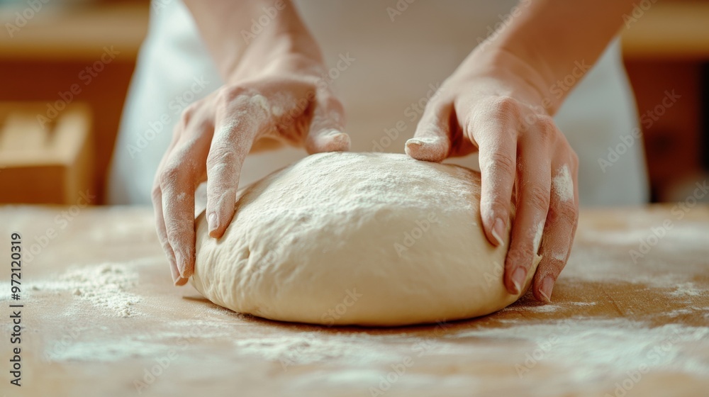 A person kneading a ball of dough on top of wooden table, AI A person kneading a ball of dough on top of wooden table, AI