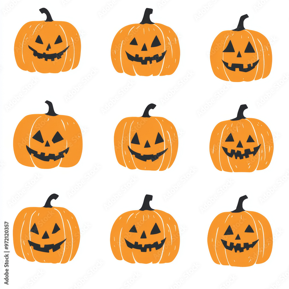 A Patch of Halloween Grins: Nine hand-drawn pumpkins light up with mischievous glee, perfect for spooky seasonal designs. A Patch of Halloween Grins: Nine hand-drawn pumpkins light up with mischievous glee, perfect for spooky seasonal designs.