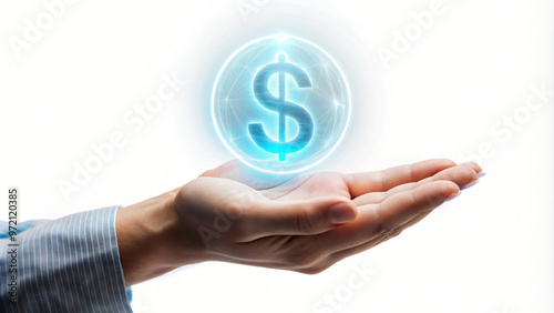 3D illustration of a businessman's hand holding a glowing bulb with a dollar sign, representing a financial idea for success and wealth