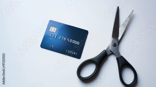 Credit card and scissors on white background