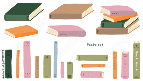 Set of books, closed books and stacked books, cute hand drawn illustration / 本のセット、閉じた本や積み重なった本、かわいい手描きのイラスト