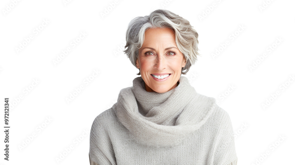 Beautiful mature woman with gray hair and happy smiling on transparent background PNG. Beautiful mature woman with gray hair and happy smiling on transparent background PNG.