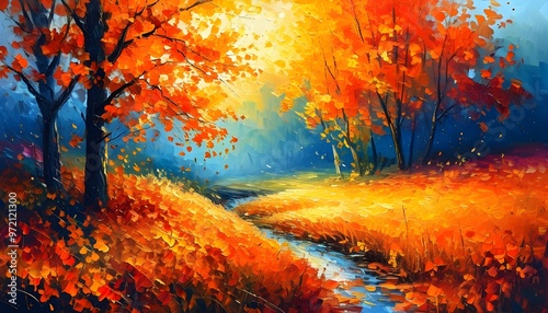 Vibrant Autumn Landscape Embracing Fiery Reds and Oranges with Bold Brushstrokes and Warm Light