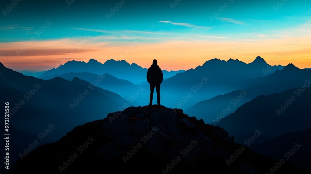 mountain range, majesty, natural beauty, reflection, peace, close up, focus on, copy space, cool tones, dramatic lighting, Double exposure silhouette with a person standing mountain range, majesty, natural beauty, reflection, peace, close up, focus on, copy space, cool tones, dramatic lighting, Double exposure silhouette with a person standing