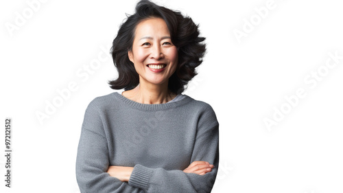 Beautiful middle-aged asian woman smiling on transparent background PNG.

