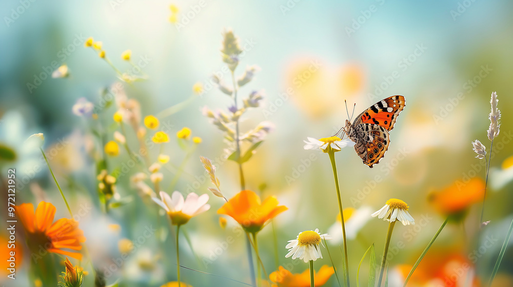 a blooming wildflower meadow, butterfly in flight a blooming wildflower meadow, butterfly in flight