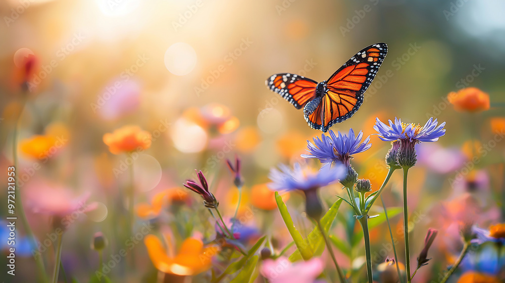 a blooming wildflower meadow, butterfly in flight a blooming wildflower meadow, butterfly in flight