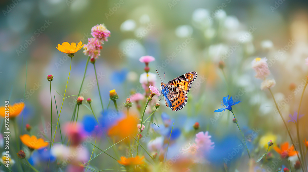 a blooming wildflower meadow, butterfly in flight a blooming wildflower meadow, butterfly in flight
