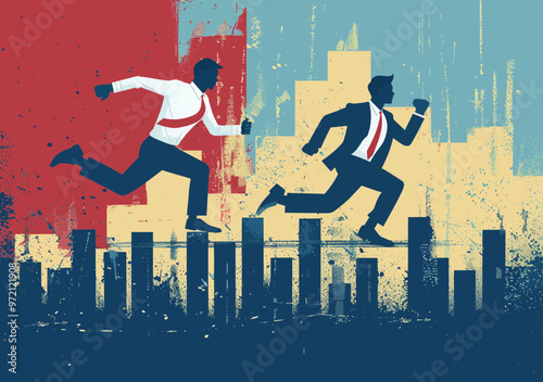 Dynamic Businessmen Jumping Over Barriers in Urban Setting - Concept of Overcoming Challenges, Competition, and Success in Corporate World - Minimalistic Illustrative Vector for Business Solutions