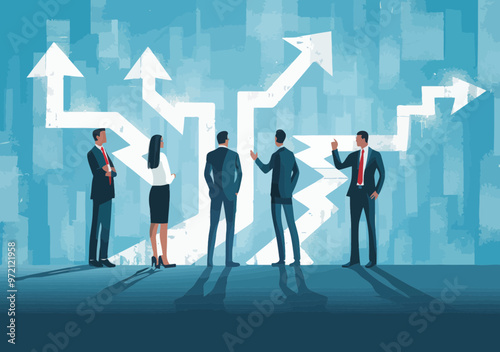 Business Team Decision-Making Vector Illustration: Choosing Best Solution, Corporate Strategy Meeting, Problem-Solving at Crossroads