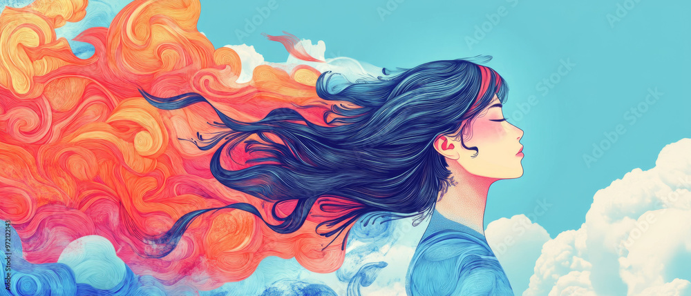 Dreamy Escape: A whimsical portrait of a woman with flowing hair that blends into a swirling, vibrant sky, evoking a sense of freedom and escapism Dreamy Escape: A whimsical portrait of a woman with flowing hair that blends into a swirling, vibrant sky, evoking a sense of freedom and escapism