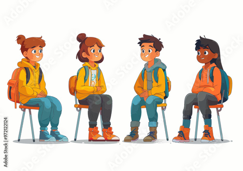 School Pupils Sitting and Listening to Teacher in Class, Vector Illustration of Students in Casual Outfits with Backpacks, Engaged in Learning, Daytime Educational Setting, Minimalistic Cartoon Style