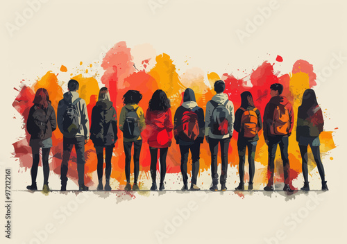 Students in a classroom listening to teacher, engaging in learning activity during daytime, minimalistic vector illustration of school education and study environment