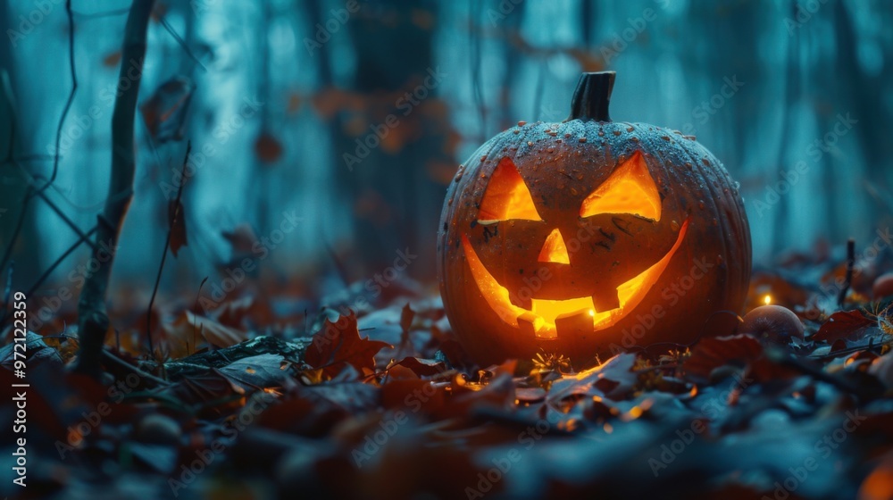 Halloween Pumpkin In A Mystic Forest At Night Halloween Pumpkin In A Mystic Forest At Night
