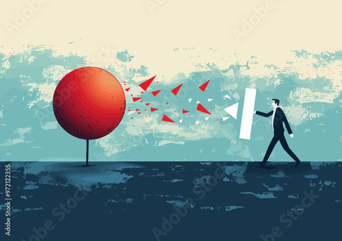 Overcoming Business Obstacles Concept - Determined Businessman Shielding Against Red Triangle Challenges in Minimalistic Vector Art