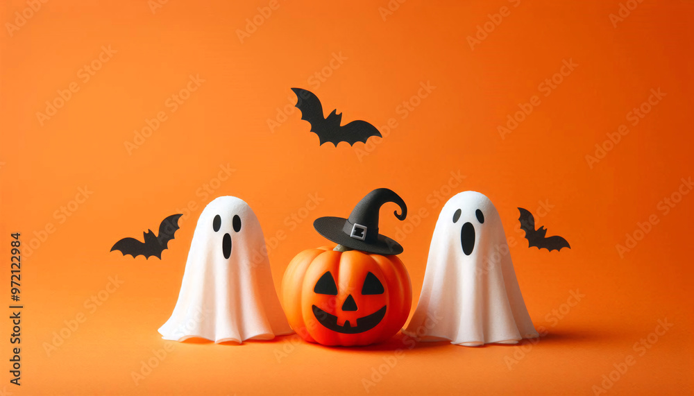 Halloween ghosts with funny pumpkin on empty orange flat background. Happy halloween holiday concept Halloween ghosts with funny pumpkin on empty orange flat background. Happy halloween holiday concept