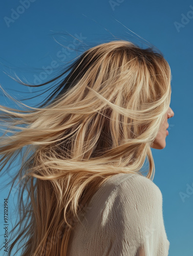 Golden Hour Glow: Woman with windswept blonde hair against a vibrant blue sky