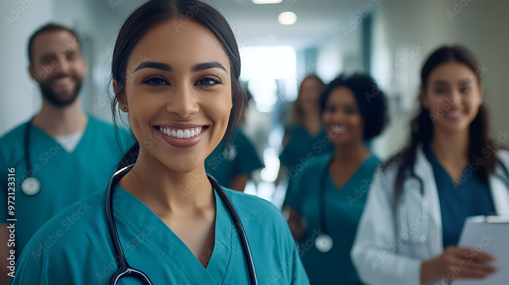 20240913112244list 1 A diverse team of healthcare workers in scrubs and lab coats standing in a brightly lit hospital corridor, smiling confidently with stethoscopes and charts in hand 20240913112244list 1 A diverse team of healthcare workers in scrubs and lab coats standing in a brightly lit hospital corridor, smiling confidently with stethoscopes and charts in hand