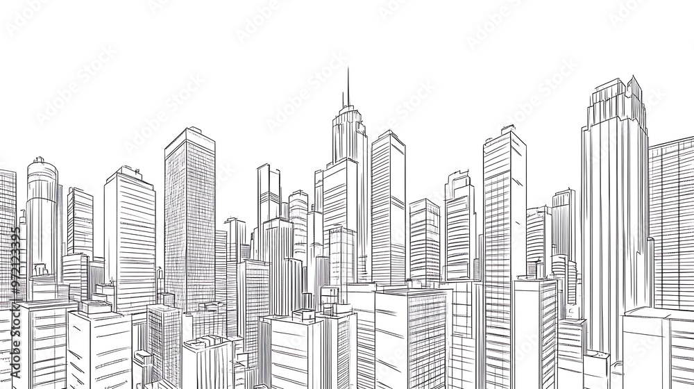 Minimalist Cityscape with Towering Skyscrapers in Line Drawing Minimalist Cityscape with Towering Skyscrapers in Line Drawing