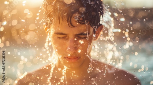 Heat exhausted young man cooling with splashes of water in fountain in extreme heat, heatwave