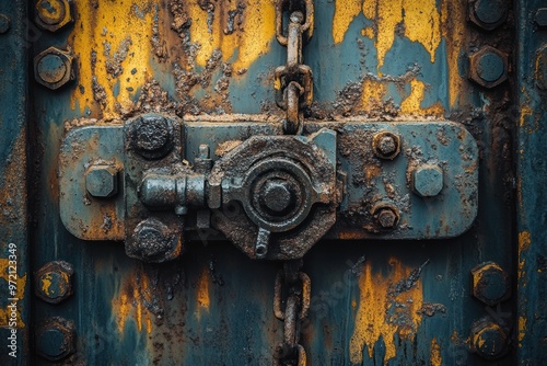 Rusty Metal Door with Chain and Lock Mechanism