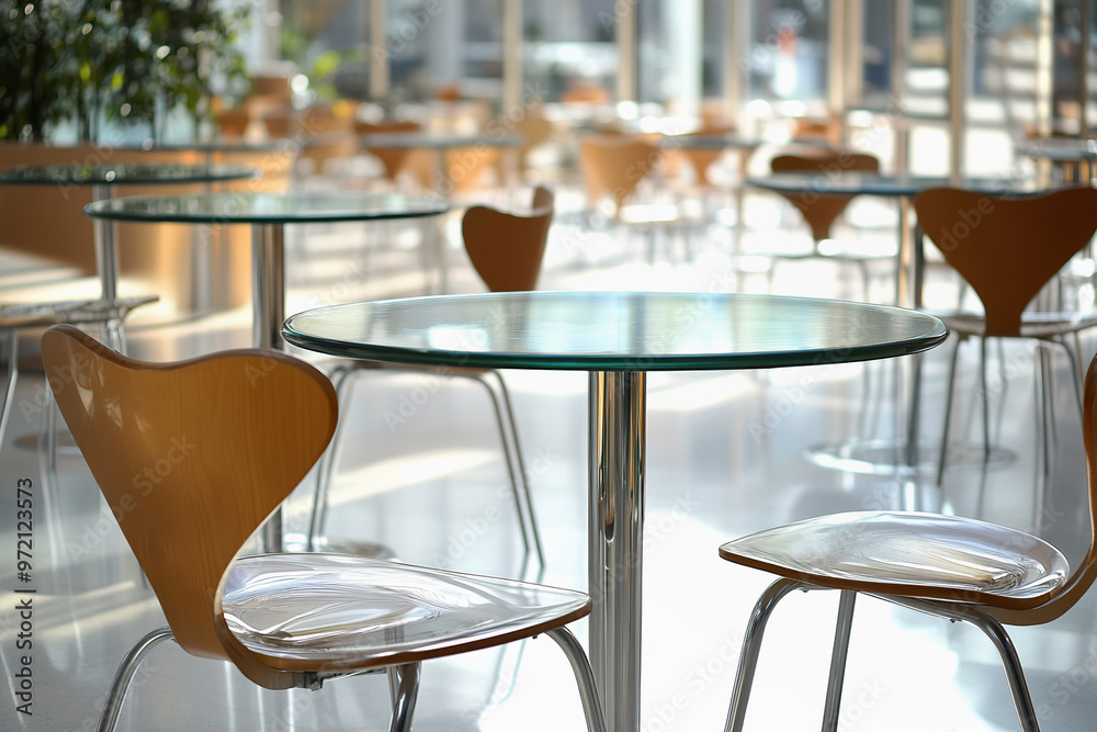 Stylish glass tables and wooden chairs, inviting atmosphere in spacious cafeteria Stylish glass tables and wooden chairs, inviting atmosphere in spacious cafeteria