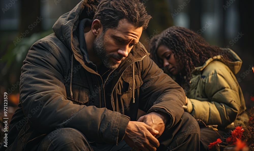 Man Comforting Woman in Forest Man Comforting Woman in Forest