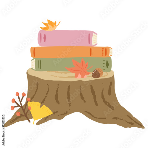 Reading autumn, stump, stack of books and autumn leaves, cute hand drawn illustration / 読書の秋、切り株、積み重なった本と紅葉、かわいい手描きのイラスト