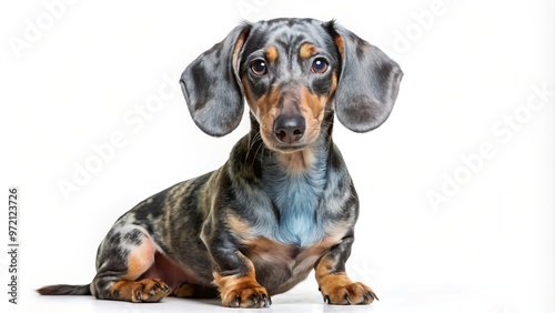 A Blue dapple dachshund basks in the spotlight, posing proudly in front of a clean white backdrop, showcasing