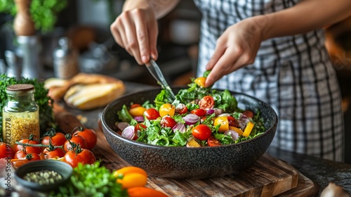 Food influencer preparing a vibrant salad in a rustic kitchen setting with warm lighting Focus on fresh ingredients and hands in action capturing the art of meal preparation Large space for text in