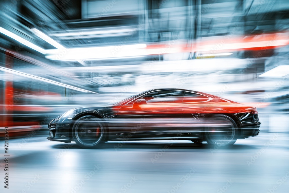Black Sports Car in Motion with Blurry Background
