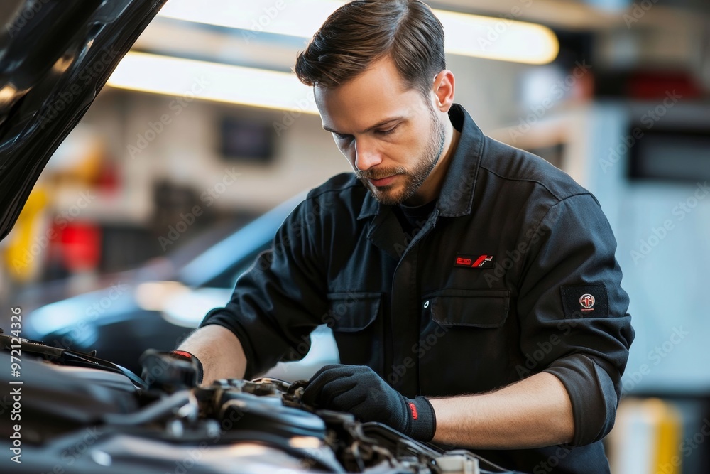 Man in a black shirt engaged in automotive repairs and maintenance tasks with a vehicle Man in a black shirt engaged in automotive repairs and maintenance tasks with a vehicle