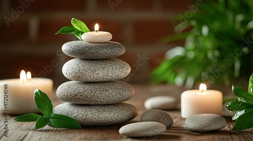 Wellness influencer in a peaceful spa-like environment practicing self-care techniques Soft lighting and natural textures like wood and stone create a serene calming atmosphere Large space for text