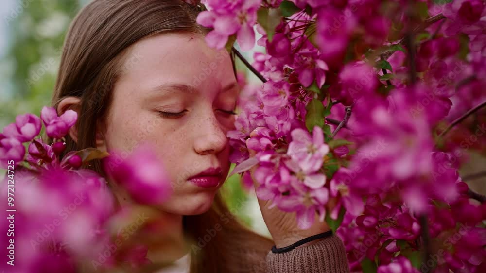 Teenage Girl Smelling Pink Flowers in Summer