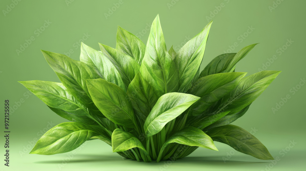 Obraz premium Vibrant Green Foliage on Green: A lush, vibrant plant flourishes against a minimalist green backdrop, showcasing the beauty of nature's design. 