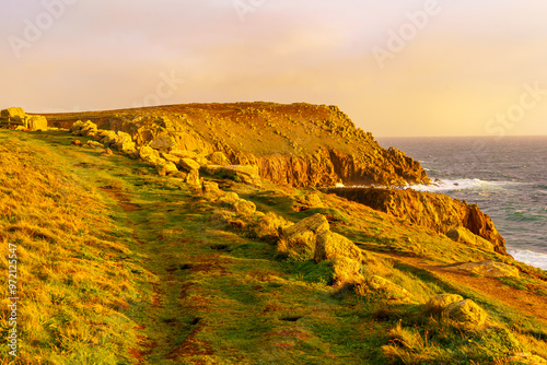 Obraz na płótnie Sunset view of the Lands End coastline landscape, Cornwall w salonie